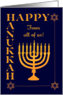 Hanukkah From All of Us with Menorah Star of David on Dark Blue card