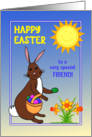 For Friend Easter Bunny with Daffodils, Easter Eggs and Sunshine card