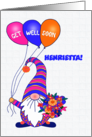 Custom Name Get Well Gnome or Tomte with Balloons and Flowers card