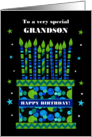 For Grandson Birthday Cake with Bright Candles and Stars card