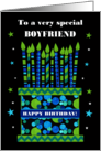 For Boyfriend Birthday Cake with Bright Candles and Stars card