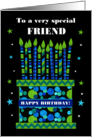 For Friend Birthday Cake with Bright Candles and Stars card