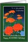 For Godmother November Birthday with Orange Chrysanthemums card