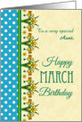 For Aunt March Birthday with Pretty Daffodil Border and Polkas card