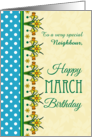 For Neighbour March Birthday with Pretty Daffodil Border and Polkas card