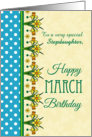 For Stepdaughter March Birthday with Pretty Daffodil Border and Polkas card