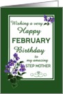 For Step Mother February Birthday with Watercolour Wood Violets card