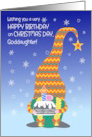 For Goddaughter Birthday on Christmas Day with Fun Gnome and Cake card