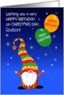 For Godson Birthday on Christmas Day with Fun Gnome and Balloons card