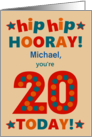 Custom Name 20th Birthday Bright Colours Hip Hip Hooray card