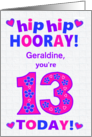 Custom Name 13th Birthday Hip Hip Hooray Pretty Hearts and Flowers card