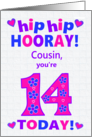 For Cousin 14th Birthday Hip Hip Hooray Pretty Hearts and Flowers card