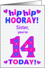 For Sister 14th Birthday Hip Hip Hooray Pretty Hearts and Flowers card