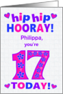 Custom Name 17th Birthday Hip Hip Hooray Pretty Hearts and Flowers card