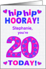 Custom Name 20th Birthday Hip Hip Hooray Pretty Hearts and Flowers card