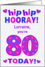 Custom Name 80th Birthday Hip Hip Hooray Pretty Hearts and Flowers card