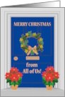 Christmas from All of Us Front Door with Holly Wreath and Poinsettias card