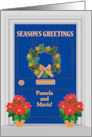 Custom Name Seasons Greetings Front Door with Holly and Poinsettias card