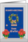 Seasons Greetings From All of Us Front Door with Holly and Poinsettias card