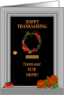 Thanksgiving New Home with Chic Front Door Wreath and Pumpkins card