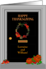 Custom Name Thanksgiving Chic Front Door with Wreath and Pumpkins card