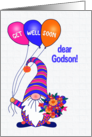 For Godson Get Well Gnome or Tomte with Balloons and Flowers card