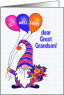 For Great Grandson Get Well Gnome or Tomte with Balloons and Flowers card