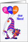 For Niece Get Well Gnome or Tomte with Balloons and Flowers card