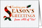 Season’s Greetings From All of Us Holly and Tartan Patterned Lettering card