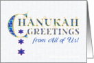 Chanukah Greetings From All of Us with Stars of David and Word Art card