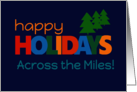 Happy Holidays Across the Miles Bright Retro Text and Christmas Trees card