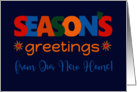 Season’s Greetings From Our New Home Bright Retro Text and Stars card