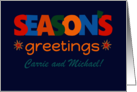 Custom Name Season’s Greetings Bright Retro Text and Stars card