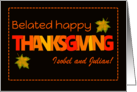 Custom Name Belated Thanksgiving with Word Art Fall Colours Leaves card