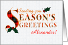 Custom Name Season’s Greetings with Holly and Tartan Patterned Letters card