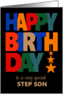 For Stepson Birthday Bright Coloured Letters and Stars on Black card