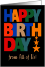 Birthday From All of Us Bright Coloured Letters and Stars on Black card