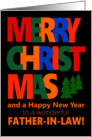 For Father in Law Merry Christmas Colorful Text and Christmas Tre card