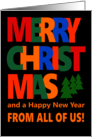 Merry Christmas From All of Us with Colorful Text and Christmas Tre card