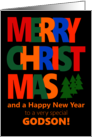 For Godson Merry Christmas with Colorful Text and Christmas Tre card