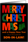For Son in Law Merry Christmas with Colorful Text and Christmas Tre card