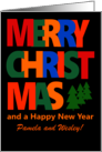 Custom Name Merry Christmas with Colorful Text and Christmas Tre card