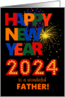 For Father Happy New Year Bright Lettering and Fireworks card