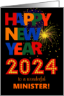 For Minister Happy New Year Bright Lettering and Fireworks card