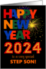 For Stepson Happy New Year Bright Lettering and Fireworks card