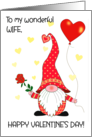 For Wife Valentine’s Day Cute Gnome with Red Rose and Balloon card