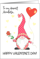 Custom Name Valentine’s Day Cute Gnome with Red Rose and Balloon card