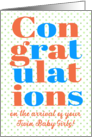 Congratulations on Twin Baby Girls Peach and Blue Lettering card