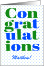 Custom Name Congratulations Blue and Green Lettering on Polkas card