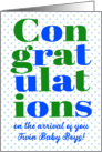 Congratulations on Twin Baby Boys Blue and Green Lettering on Polkas card